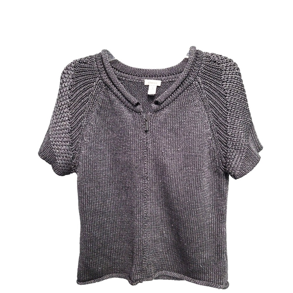 Chico's Women's Full Zip Short‎ Sleeve Gray Metallic Knit Sweater Size 1 (M) Top